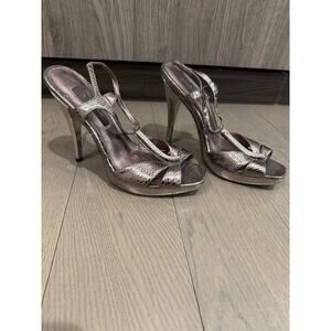 Nina Slingback Sandal Womens 7.5 Silver Strappy Snakeskin Print Platform Heel